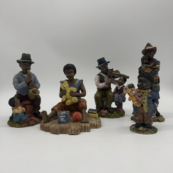 African American Lot Of 5 Statues Resin Musician Firefighter Girl Boy Vintage